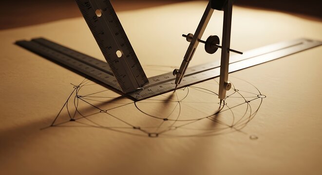 Precision technical drafting tools with compass and ruler on paper drawing concept