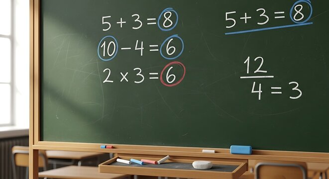 Educational Chalkboard Featuring Elementary Mathematics Equations and Arithmetic Calculations