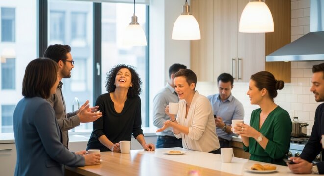 Diverse colleagues enjoying coffee break in modern office kitchen