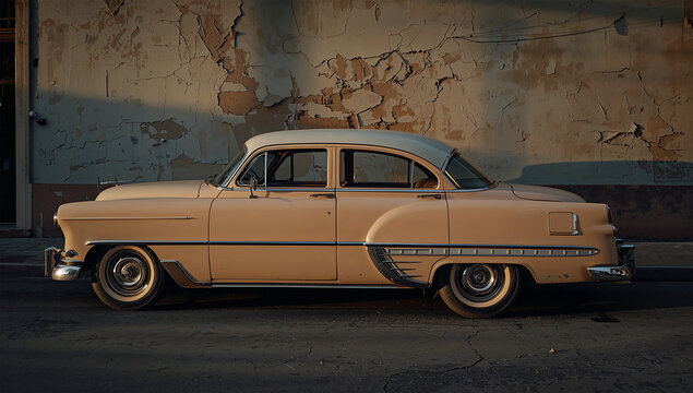 夕陽に染まるハバナのパステルカーと朽ちた壁の情緒的な対比