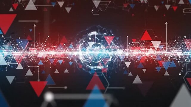 Abstract digital network with geometric shapes and glowing lights