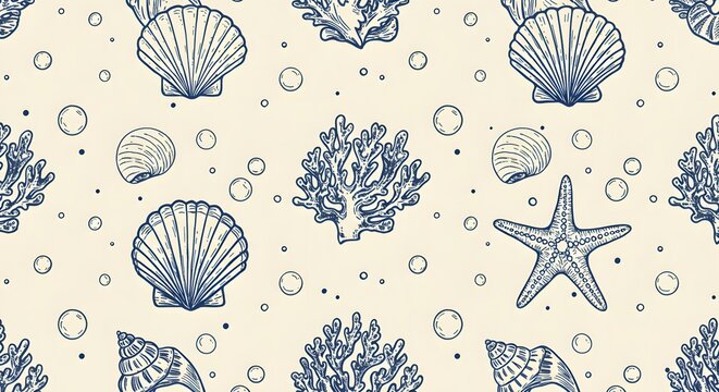 Seamless Hand-Drawn Nautical Pattern with Sea Shells, Starfish, and Coral