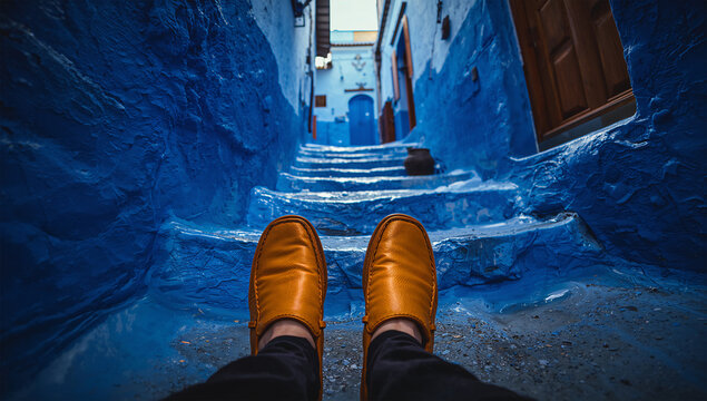 青の路地を進む黄色いバブーシュが映えるシェフシャウエンの風景