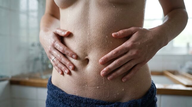 Wet person with goosebumps touching abdomen in domestic bathroom