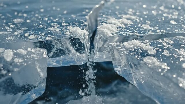 Cracked ice frozen water winter cold nature texture closeup abstract blue outdoor surface lake snow natural pattern chill environment seasonal frosty detailed icy weather crystal tranquil peaceful