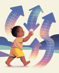 Fototapeta premium Minimalist flat illustration of child guided by translucent algorithmic arrows and digital paths
