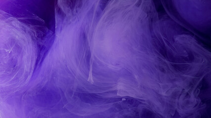 Fototapeta premium Ink fog water. Acrylic cloud smoke. Glitter purple blue color splash vapor fume liquid mist haze spreading on abstract art defocused background.