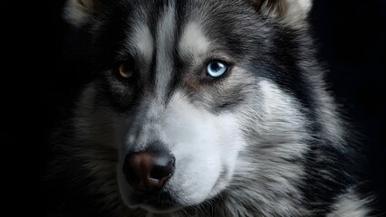 Obraz premium Dramatic portrait of a Husky dog in low-key lighting creating a mysterious and powerful mood.