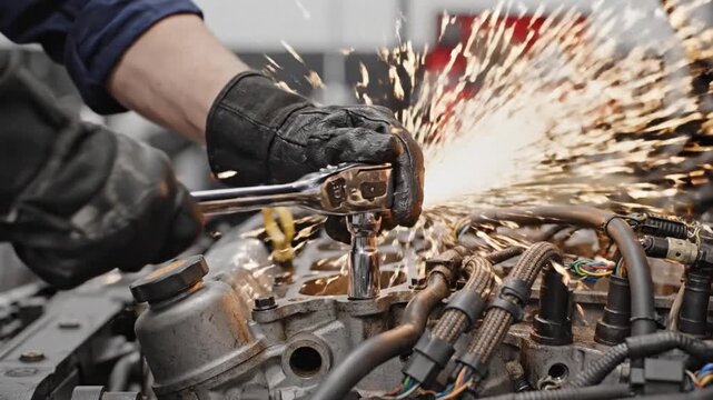 Mechanic engine repair tool glove spark metal automotive maintenance workshop scene with black gloves using ratchet wrench car engine, sparks flying, closeup of hand and metal parts, intense focus