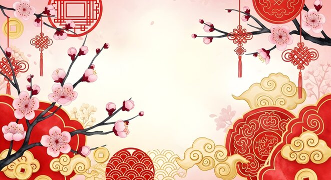 Chinese New Year background with watercolor cherry blossoms, golden clouds, coins and traditional red ornaments framing copy space