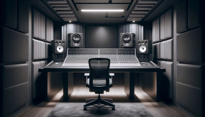 Fototapeta premium A deep, studio-style desk mockup with an empty, angled slot for a mixing console, set in a room with treated walls, Ai generated image
