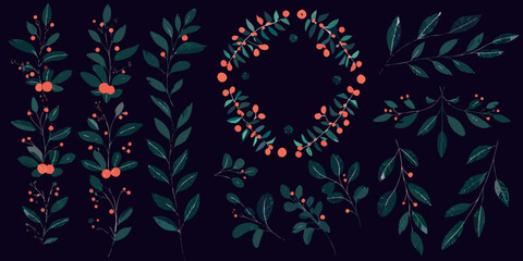 Stylized botanical illustration featuring branches leaves and red berries © Partha