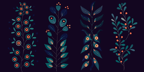 Stylized botanical illustration featuring four branches with leaves and berries © Partha