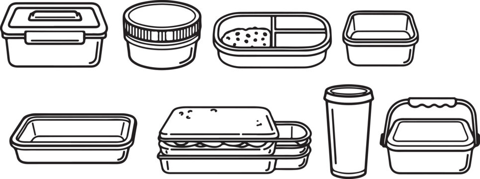Assorted food containers for meal prep and storage Vector