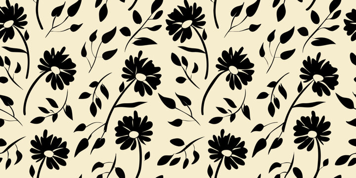 A seamless pattern of delicate black flowers and leafy stems