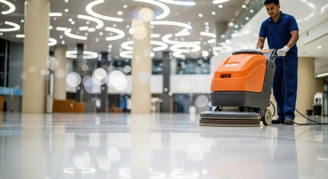 Professional cleaning shiny floor with industrial scrubber machine