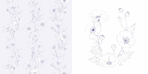 Obraz premium Delicate floral pattern featuring light purple poppy illustrations on white