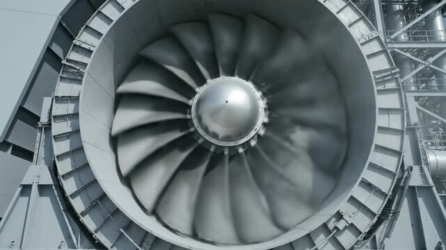 Close-up view of jet engine turbine.