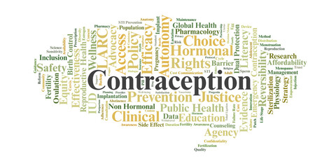 Fototapeta premium Contraception Word Cloud. A professional overview of birth control methods, reproductive autonomy, clinical efficacy, and systemic factors affecting access to family planning services.