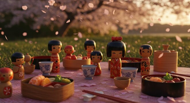 Kuklu figureles ?alia tradicinio japoni?ko stalo
