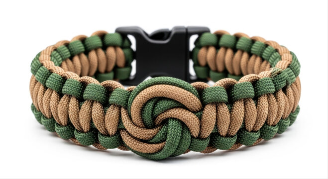 Intricately woven paracord rope bracelet with a knot, isolated on a white background
