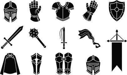 Collection of black and white medieval knight armor and weapon icons for role playing games