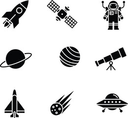 Collection of black space icons including rocket satellite astronaut planet telescope and ufo © MohammadSakhawat