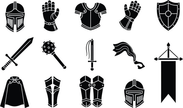 Collection of black and white medieval knight armor and weapon icons for role playing games