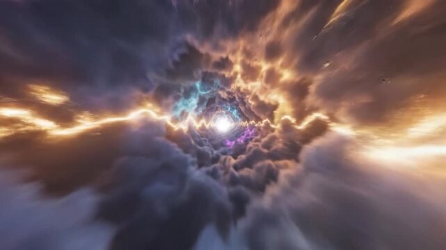 Abstract journey through a vibrant cosmic cloud tunnel with bright light