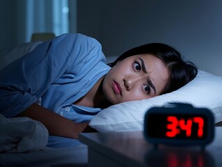 Anxious Woman Unable to Sleep, Checking the Time
