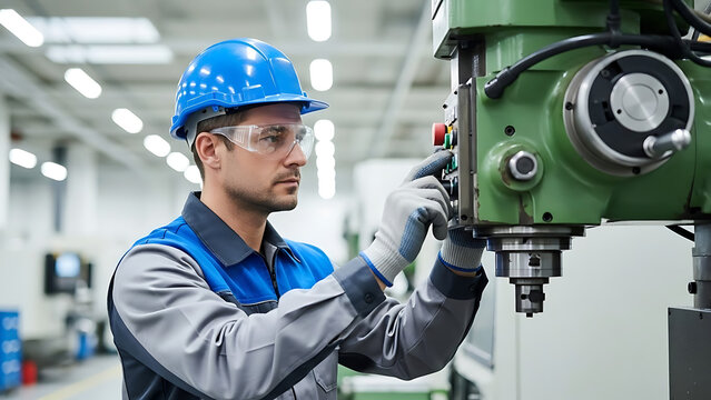 Focused male factory worker in safety helmet and glasses operating a large industrial drill press, meticulously controlling production in a modern manufacturing facility