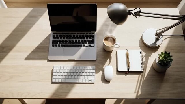 Modern workspace office setup with laptop keyboard mouse coffee notebook pen desk lamp and plant light wooden desk, morning sunlight streaming for productivity, motivation, organization