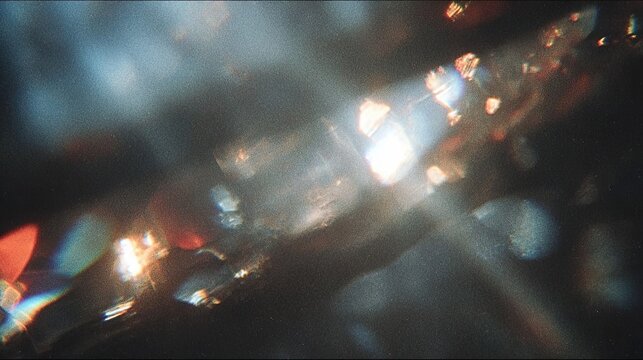 Close-up diamond in dark cloudy room, low-angle light from above, bokeh anamorphic film grain 1990s VHS quality blurry background