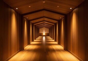 Fototapeta premium Captivating warm wood paneled architectural corridor with dramatic spotlighting creating a geometric perspective, leading to illuminated architectural detail.