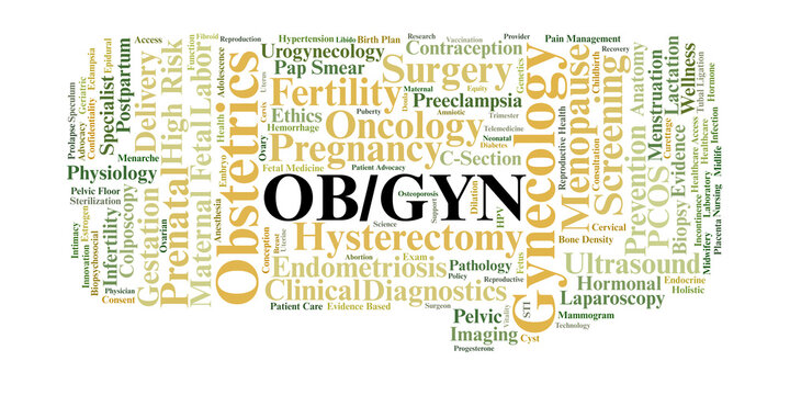 OBGYN Word Cloud. A professional overview of clinical concepts in maternal-fetal medicine, reproductive surgery, gynecological health, and comprehensive female wellness across the lifespan.