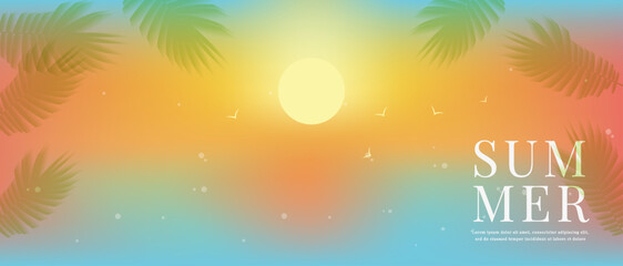 Obraz premium Summer tropical banner. Horizontal vector illustration with sunset over sea, palm leaf silhouettes and birds. Blurred background for holiday, vacation, travel marketing and web design.