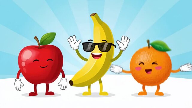 Happy apple, banana with sunglasses, and orange cartoon fruit characters with smiling faces, waving hands, white gloves, and cheerful expressions blue sunburst background, promoting healthy eating