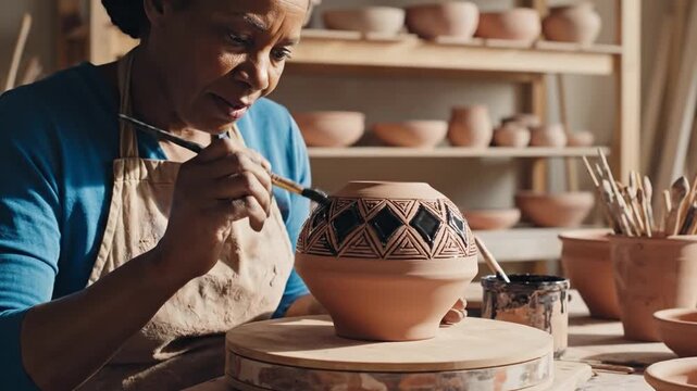 African woman pottery artisan painting clay handmade traditional craft studio creative workspace, decorative brush skill, geometric patterns, ceramic pottery tools, focused cultural lifestyle