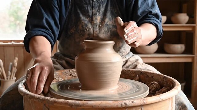 Pottery clay artisan handmade wheel craft traditional creative skill studio focused shaping ceramic with hands, wet spinning process, smooth brown texture, artistic hobby, craftsmanship