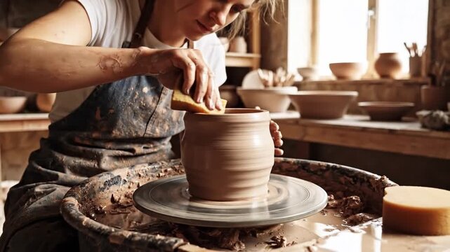 Woman pottery artisan shaping clay wheel with hands creative workshop, focused handmade pottery craft, traditional ceramic art, wet clay process, skillful studio expression, rustic sunlit space