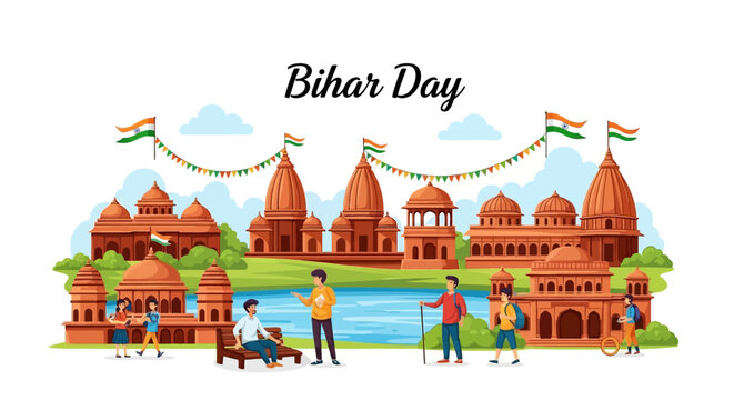 Illustration of people celebrating Bihar Day with cultural buildings and Indian flags in a vibrant scene.