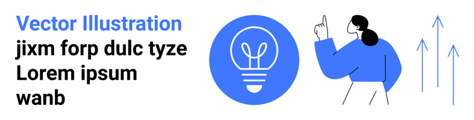 Innovation, creativity, brainstorming, progress, idea sharing, design thinking. Light bulb icon and person pointing upward with arrows. Innovation and creativity concept © robu_s