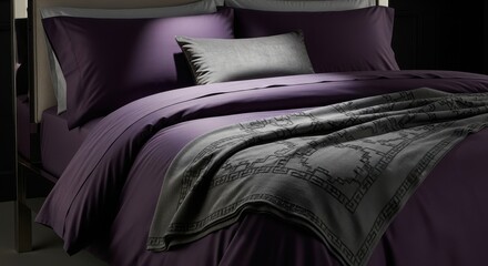 Fototapeta premium Luxurious deep amethyst bedding with a patterned grey throw blanket elegantly layered for ultimate comfort