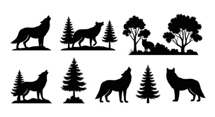 Black wolf and forest scene design elements on transparent background silhouette © MD