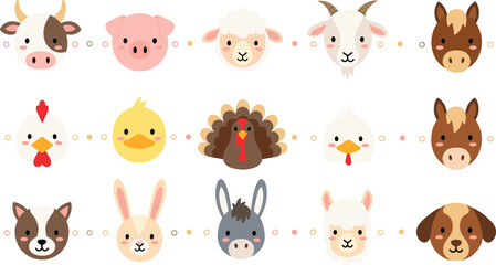 Fototapeta premium Cute Farm Animal Faces Icon Set with Cow Pig Sheep Goat Horse Chicken Turkey Bunny Dog Donkey and Alpaca Vector Illustration Collection