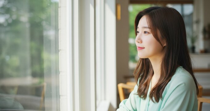 Woman looks out of a window in a bright cafe during daytime in a calm setting