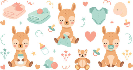 Fototapeta premium Cute Baby Llama Cartoon Character Set with Pacifier Bottle Toys Clothes and Nursery Elements for Baby Shower Vector Illustration Collection
