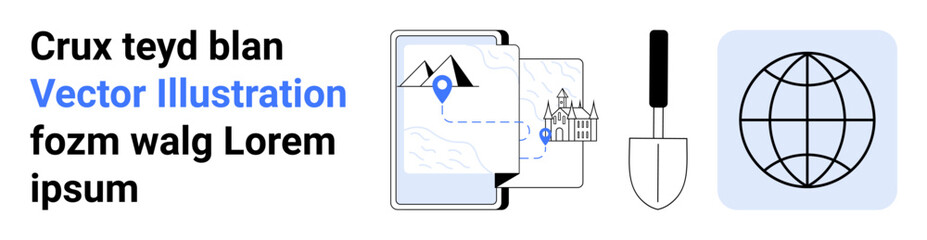 Travel, navigation, exploration, global connectivity, tourism planning, map tools. Digital map with landmarks, location pin shovel and globe illustration. Travel and navigation concepts © robu_s