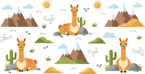 Fototapeta premium Cute Llama Cartoon Character Set with Desert Mountains Cactus Sun and Nature Landscape Elements for Wildlife Vector Illustration Collection