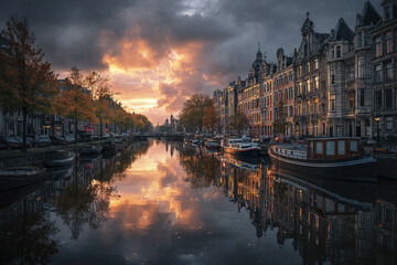 Fototapeta premium Amsterdam canal sunset with boats and historic buildings reflecting on calm water under dramatic cloudy sky creating peaceful and picturesque urban scene